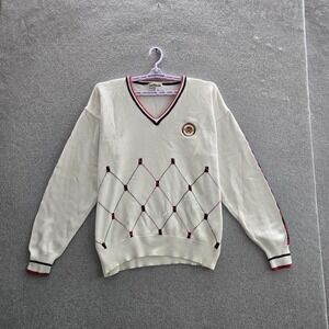 VINTAGE La Mode Men Sweater XL White Embroidered Diamond Golf Patch Old Money